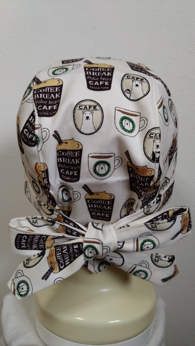 短★バンダナキャップ★ハンドメイド　カフェ柄　シロクマ　コーヒー　生成り