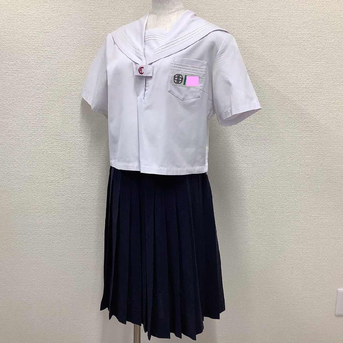 I1129/(中古)兵庫県 中部中学校 女子制服3点 /ゼッケン/セーラー:LL程度/夏スカート:W70丈65/KANKO/半袖/夏服/中学校/高校/女子学生/学生服