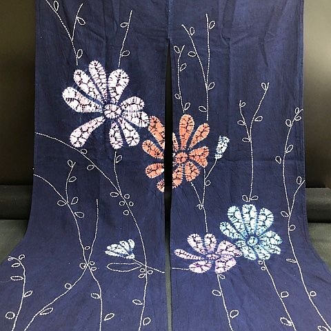 G2365R 藍染 のれん/暖簾 83x147cm 綿/花柄/絞染め/カーテン/間仕切り Japanese cloth GRew