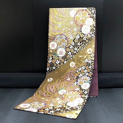 G2327S 袋帯 乱菊 六通柄 メモリヤン 花文 金糸 刺繍 kimono obi/着物 GRew
