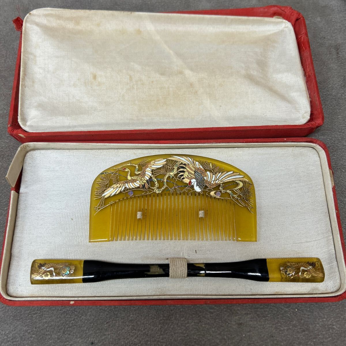 当時物 レトロ アンティーク べっ甲 櫛 髪飾り かんざし 鶴 ツル 和装小物 レトロ 骨董 コレクション