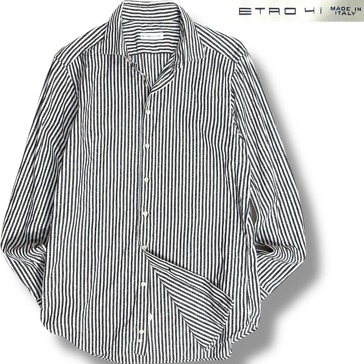 J4077 美品 エトロ ペイズリー柄 ストライプシャツ ホワイト×グレー 41 
