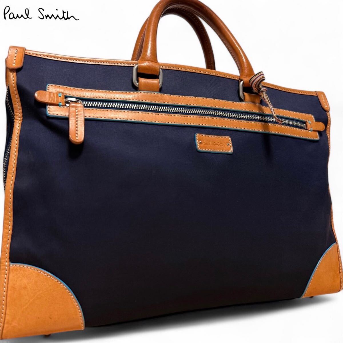 美品●Paul Smith ポールスミス メンズ ビジネスバッグ ブリーフケース 2室 大容量 A4可 PC 書類鞄 ナイロン レザー マルチストライプ 紺