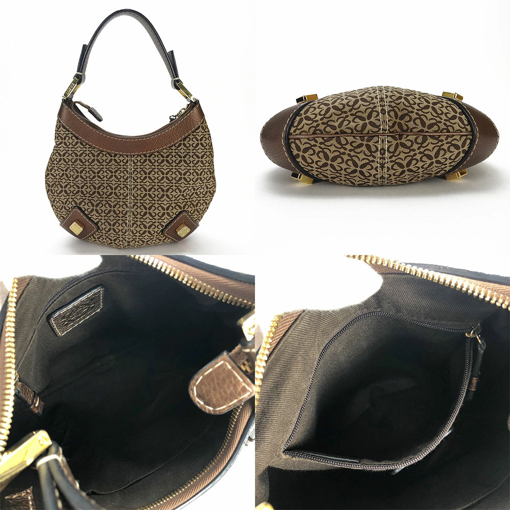 中古 ロエベ ショルダーバッグ キャンバス レザー ブラウン ゴールド金具 ワンショルダー 肩掛け アナグラム レディース 女性