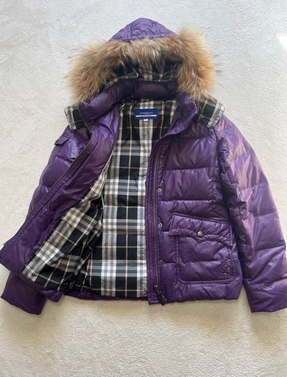 BURBERRY BLUE LABEL バーバリーブルーレーベル 2way ラクーンファー ダウンジャケット パープル 紫 ノバチェック 40 Lサイズ