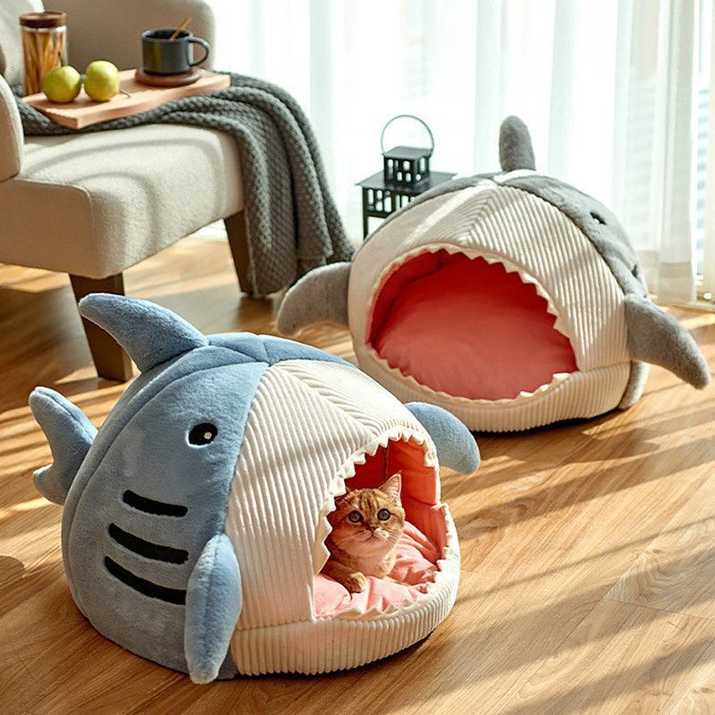 OHJ1312★新品3色選択可貓犬ベッドサメ型ペットベッドふわふわ暖か もこもこキャット ペットハウス 滑り止めクッション柔らかい秋冬 グレー