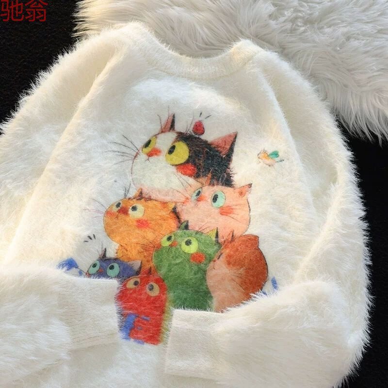 OHJ1370* мягкий гладкий кошка вязаный свитер свободно взрослый возможно love свободный размер натуральный теплый 