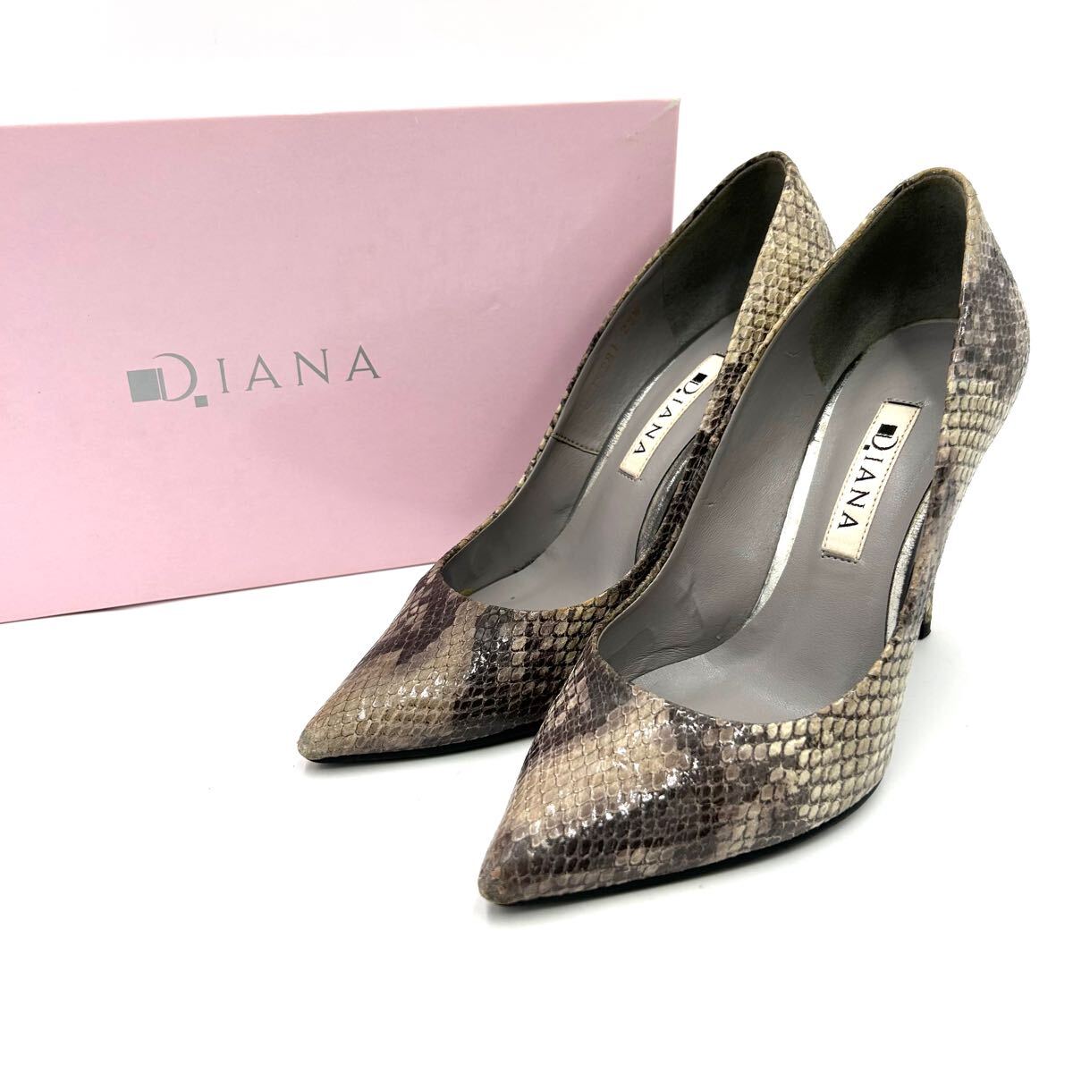 ■ 箱付き!! '日本制' 高級(jí)感溢れる DIANA ダイアナ 本革 パイソン型押し ハイヒール パンプス SIZE:22.5cm U レディース 婦人靴 シューズ 