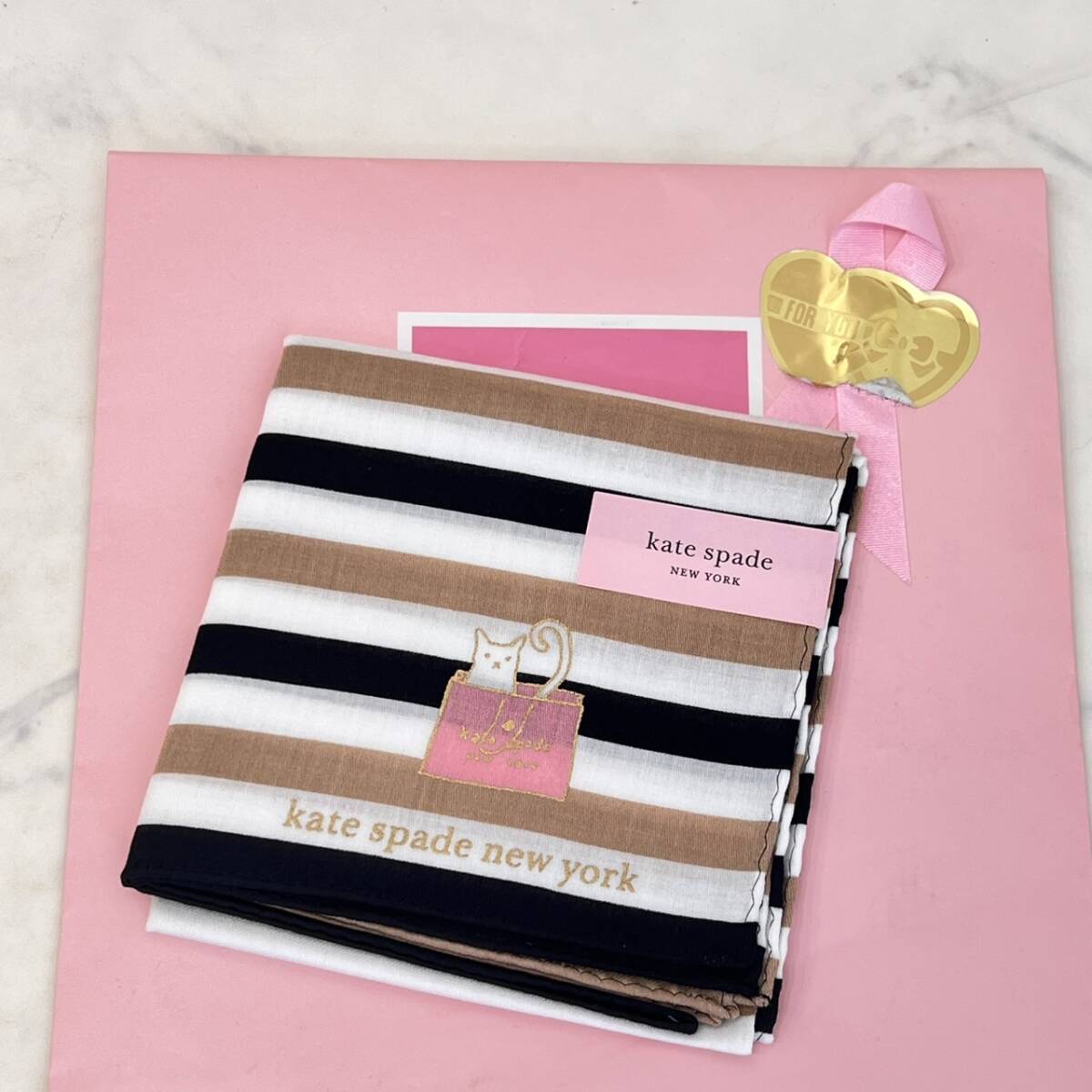 ケイトスペード ニューヨーク ハンカチ レディース 綿 高級 ハイブランド kate spade new york 黒 ベージュ 白 ボーダー ねこ ネコ ケート