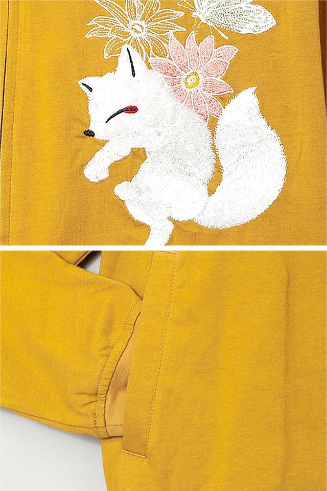 「リースの中の狐のぬいぐるみ」総刺繍薄手パーカー◆今昔 マスタードXXLサイズ KJ-29200 和柄 和風(fēng) きつね キツネ ユニセックス
