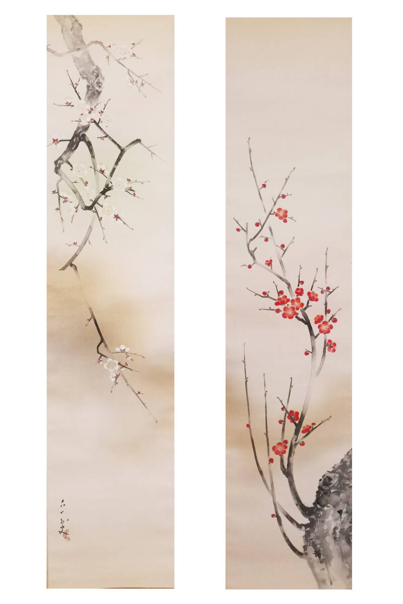 真作】☆双幅【紅白梅】日本画家 田中六一◇絹本 肉筆 共箱付 真作】☆双幅【紅白梅】日本画家 田中六一◇絹本 肉筆 共箱付