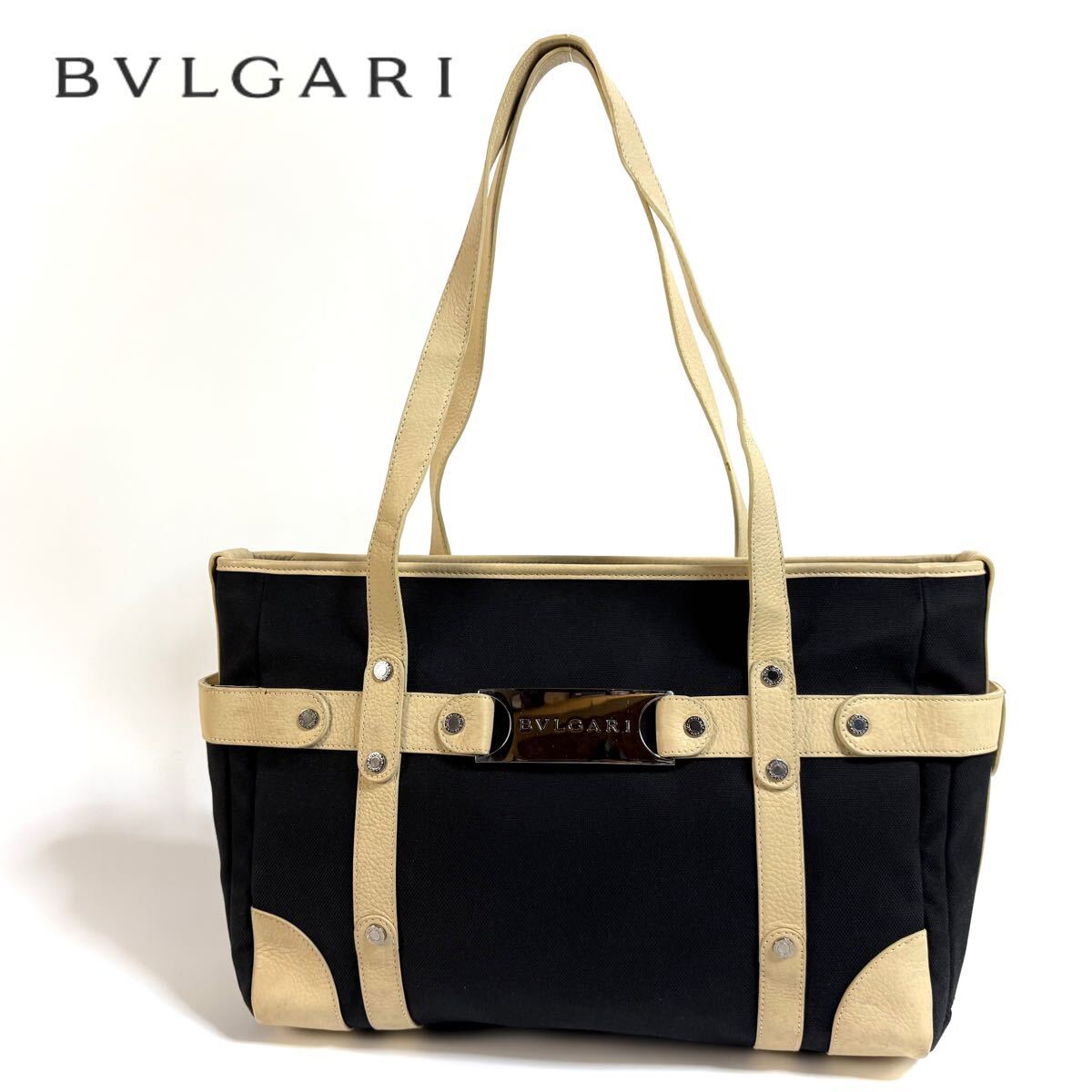 美品】BVLGARI ブルガリ レザー キャンバス トートバッグ 肩掛け 美品】BVLGARI ブルガリ レザー キャンバス トートバッグ 肩掛け