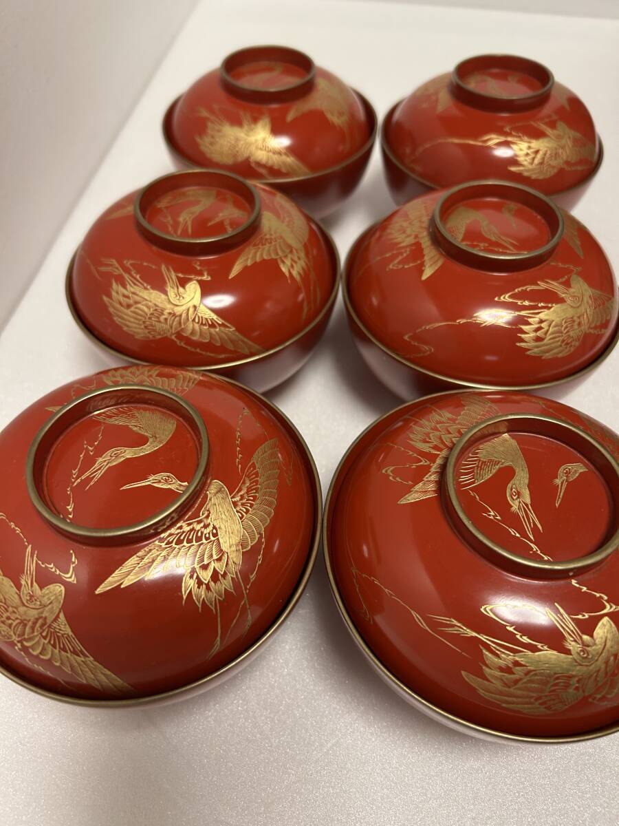 漆蒔絵鶴柄蓋付お椀/蓋付きのお椀/6個セット/鶴が三羽/直径約11.7cm /高さ約8.6cm（蓋あり）/伝統文化/和食器/お正月/節句など/G025