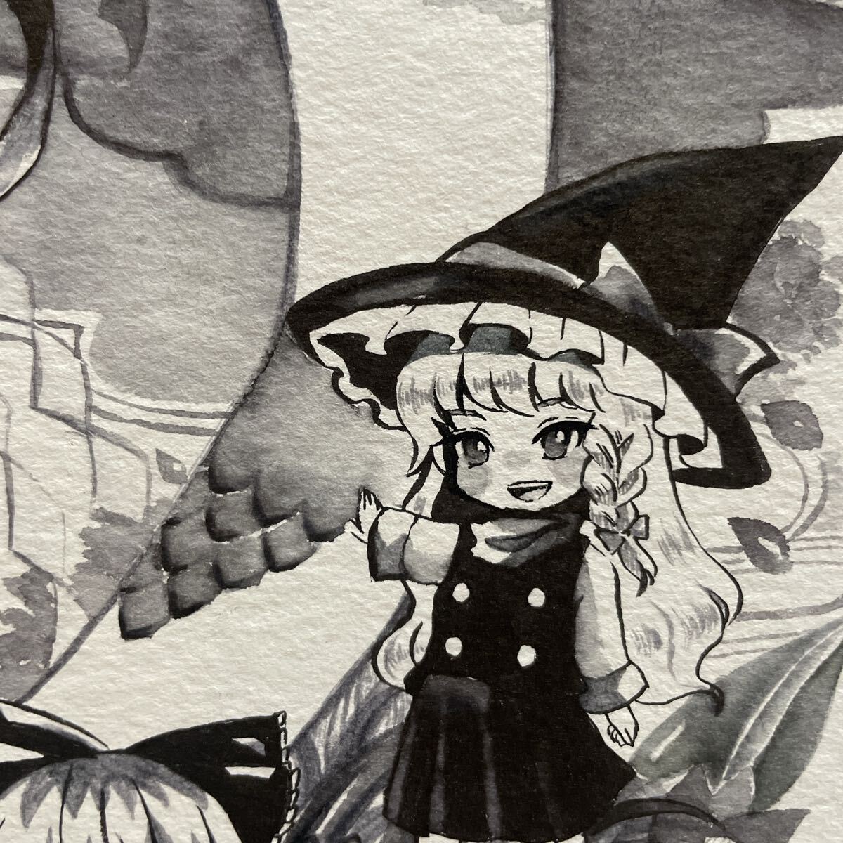 手描きイラスト 東方Project 霊夢 魔理沙 諏訪子 早苗 水墨画 B5