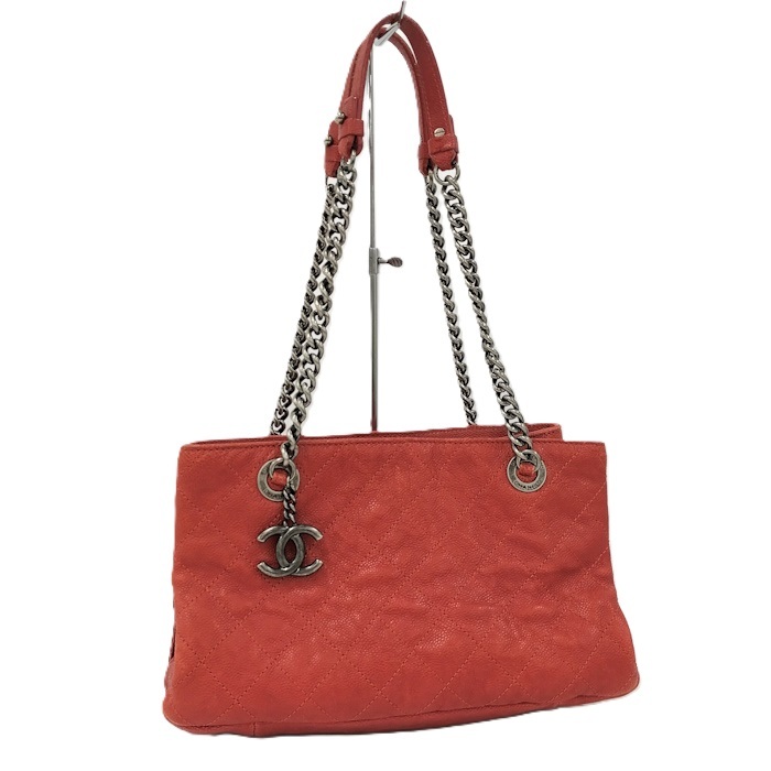 CHANEL チェーン ショルダーバッグ ココマーク シルバー金具 キャビアスキン レッド