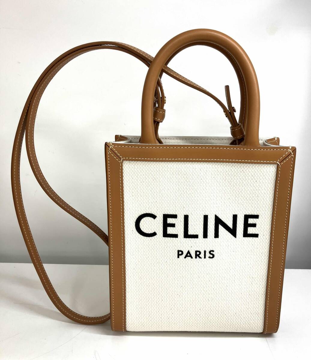 CELINE Celine Mini балка TIKKA ru бегемот 2WAY сумка на плечо парусина кожа белый Brown натуральный язык 