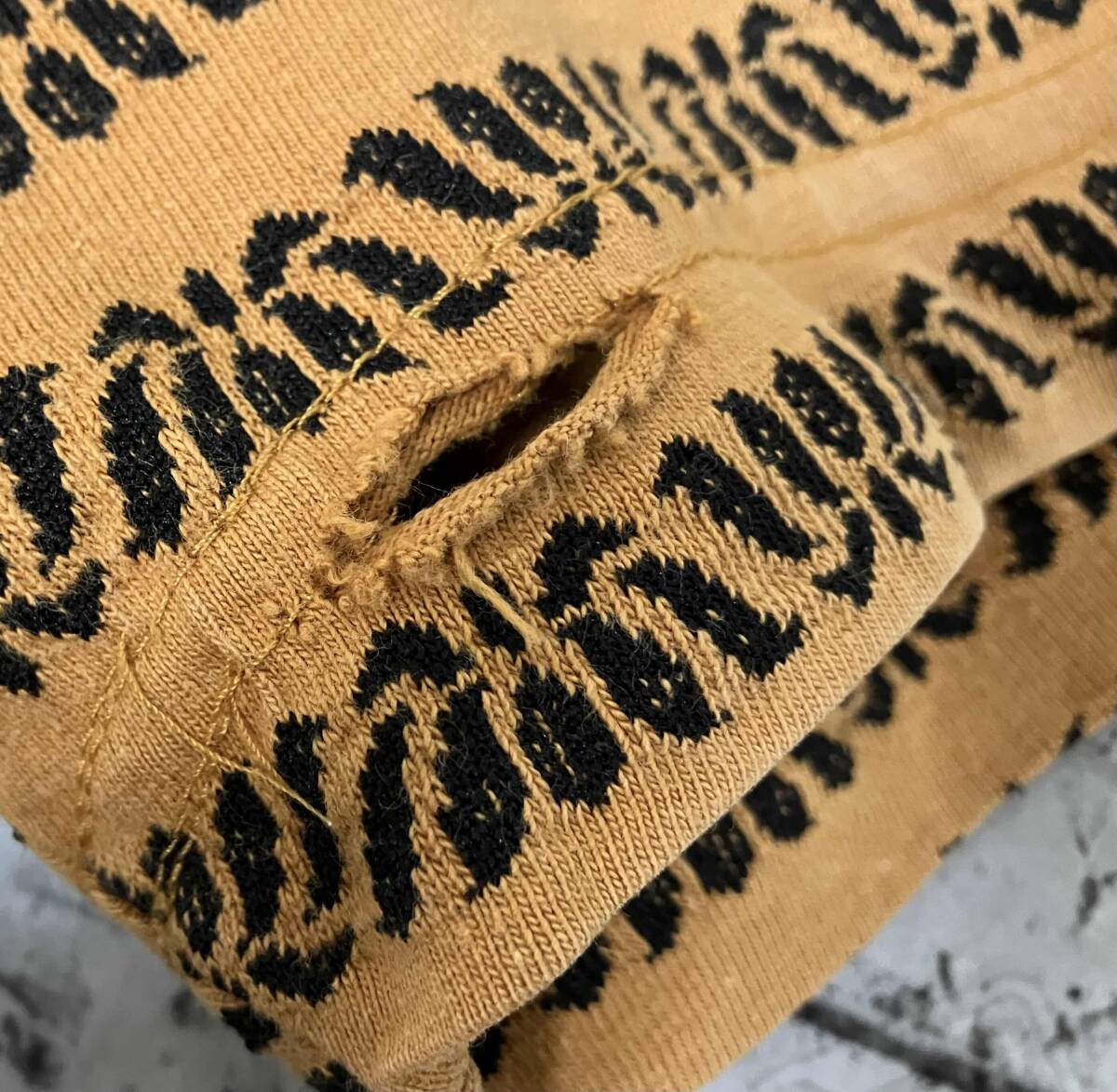 STUSSY ステューシー 80s 黒タグ USA制 ジャガードTシャツ 半袖Tシャツ 総柄 サイズL オレンジ 店舗受取可