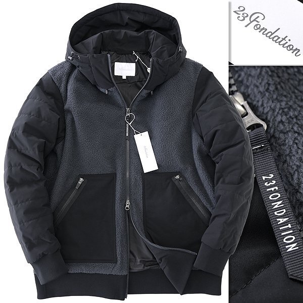 新品 3.8万 23Fondation 23区ゴルフ 撥水 中綿 ボア コンビ フード ブルゾン M 灰 黒 【J49408】 秋冬 メンズ 23区GOLF フリース パーカー