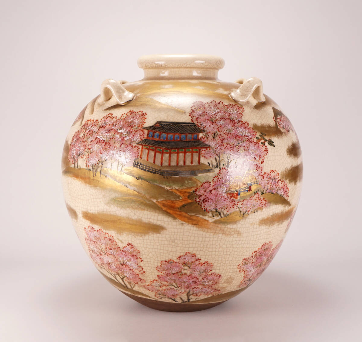 1円~◇仁清 在銘 大型 金彩 吉野山図 千本桜 大壺 四耳壺 (高 1円~◇仁清 在銘 大型 金彩 吉野山図 千本桜 大壺 四耳壺 (高