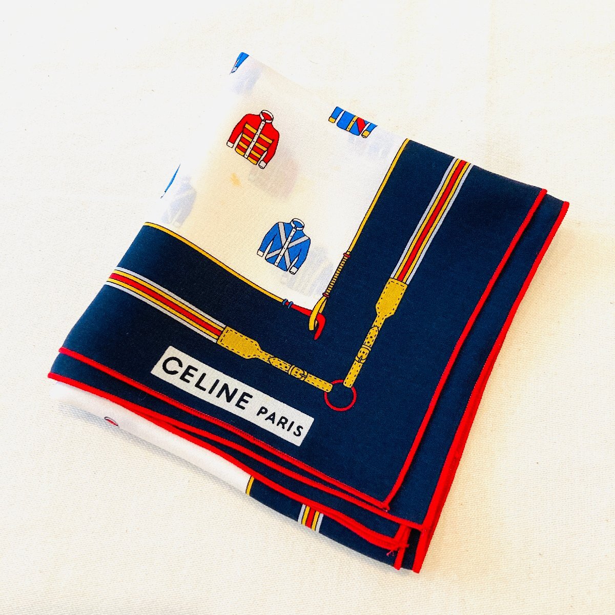 美品　CELINE PARIS　セリーヌ　デザイン スカーフ　バッグスカーフ　ネイビー/ホワイト系　56 × 57cm