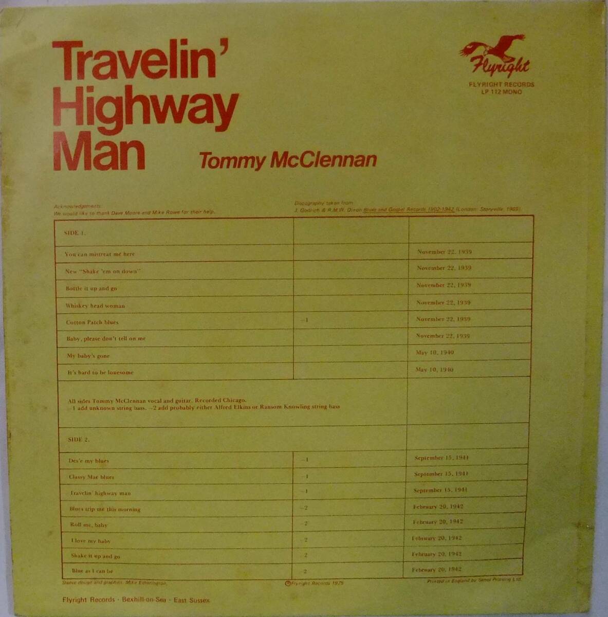 Tommy McClennan / Travelin Highway Man / \'75UK Flyright Records / MONO / Compilation / Country Delta Blues
