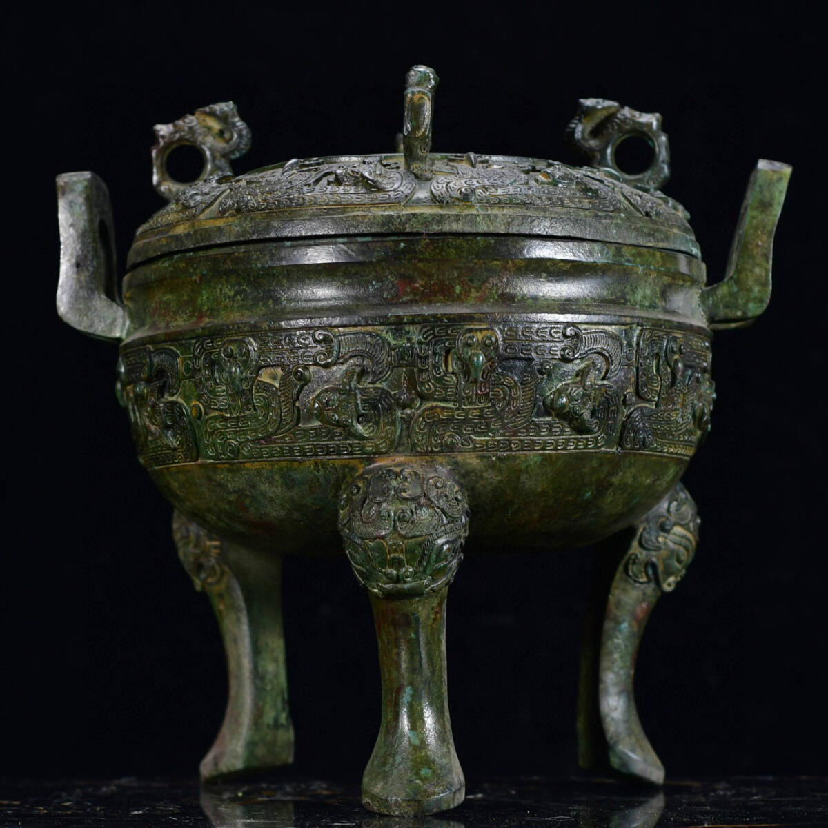 仁】『漢・青銅製・四龍豆・置物・賞物』極細工 古賞物 中国