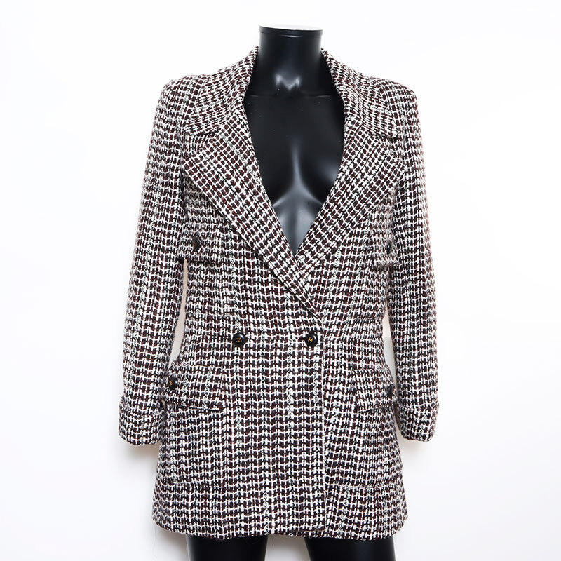 シャネル CHANEL ジャケット Size:36 ツイード チェック ココマーク ボタン 01A 2001s ブラウン