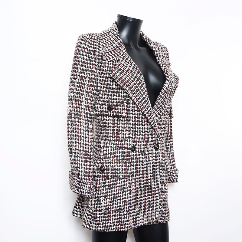 シャネル CHANEL ジャケット Size:36 ツイード チェック ココマーク ボタン 01A 2001s ブラウン