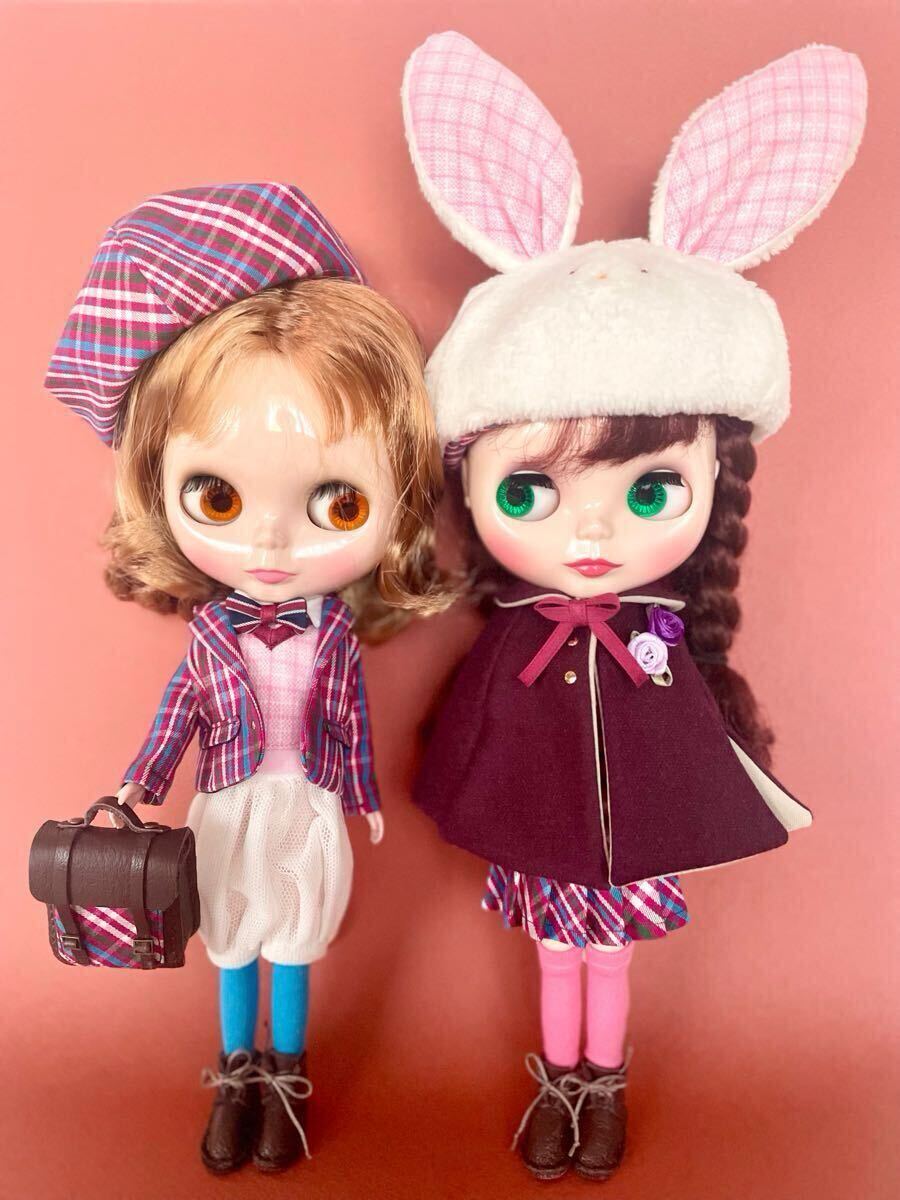 タータンチェック スーツ　ピンクラビット系　ハンドメイド ブライスアウトフィット Blythe