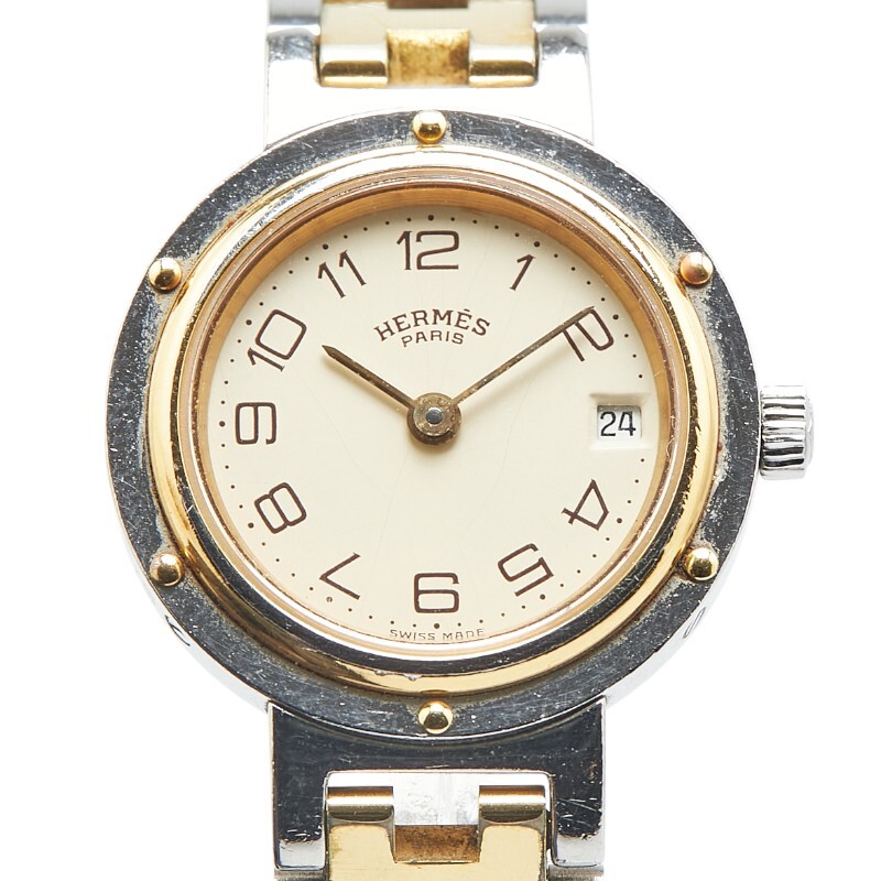エルメス クリッパー 腕時計 CL3.240 クオーツ ベージュ文字盤 ステンレススチール メッキ レディース HERMES