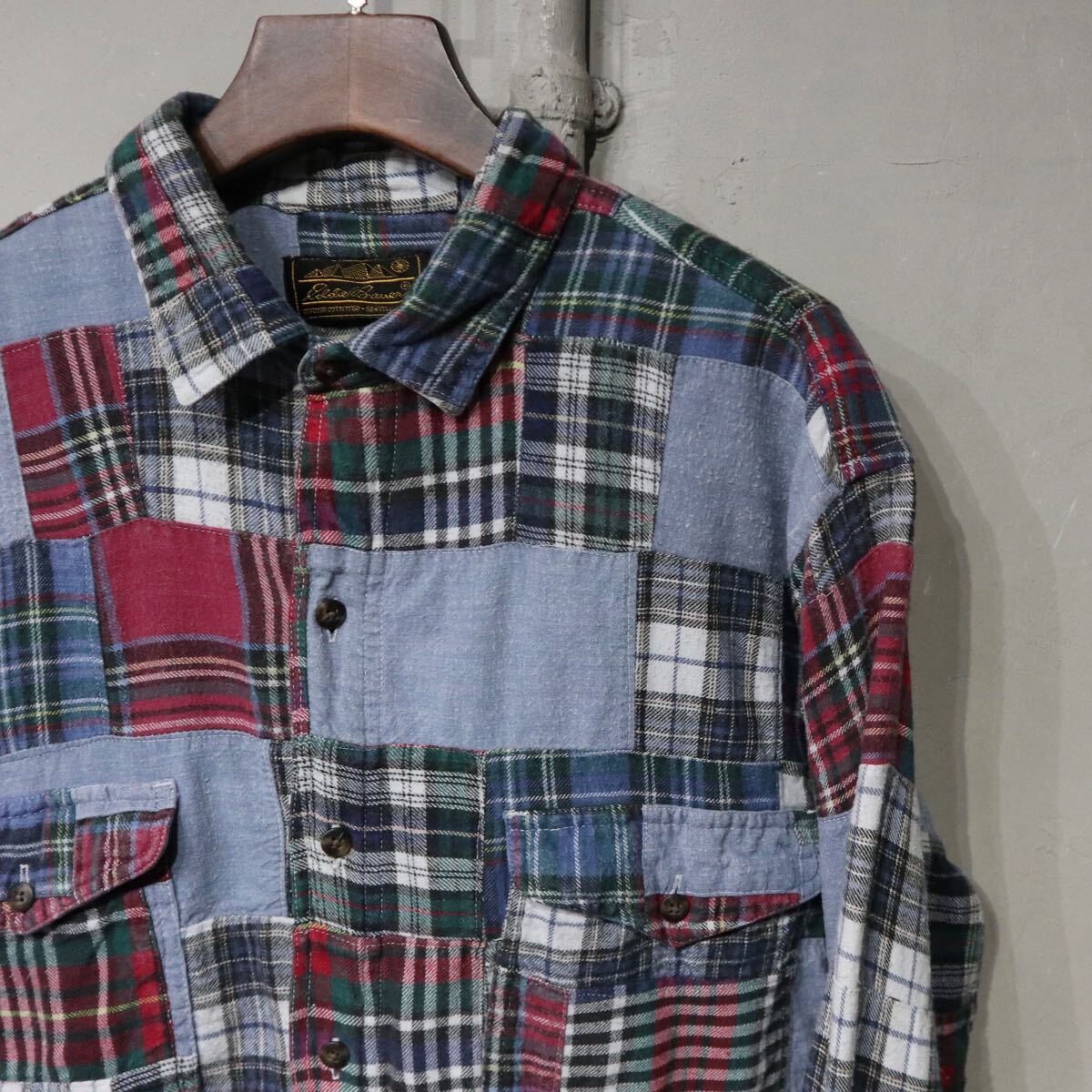 【即決】80s eddie bauer エディーバウアー パッチワーク 長袖シャツ チェック柄 シャンブレー 黒タグ 古着