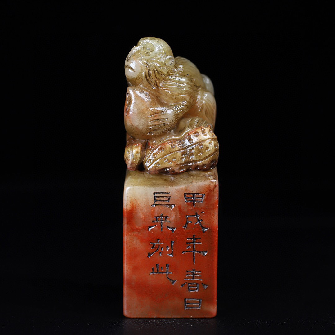 蔵友館蔵品・寿山石・芙蓉石・細密彫・金猴獻寿印章】・希少 蔵友館蔵品・寿山石・芙蓉石・細密彫・金猴獻寿印章】・希少