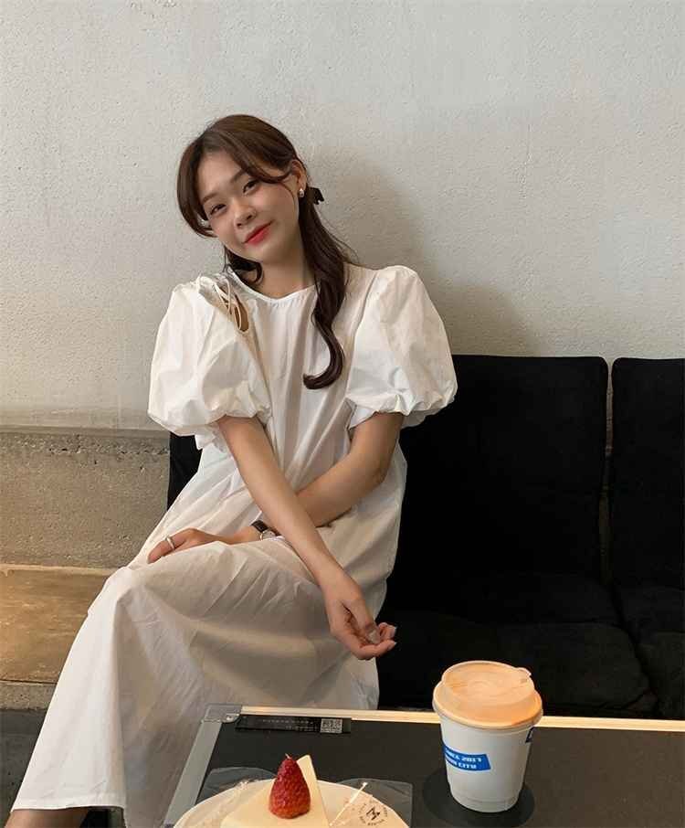ワンピース パフスリーブ ロングスカート 清楚 フリー ブルー