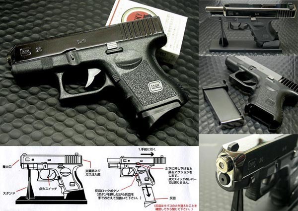 新品 世界初！グロック型G26ターボライター(ガンメタ) スライド可動！マガジンは灰皿に！重量なんと350g！ガス再注入可 ガスライター