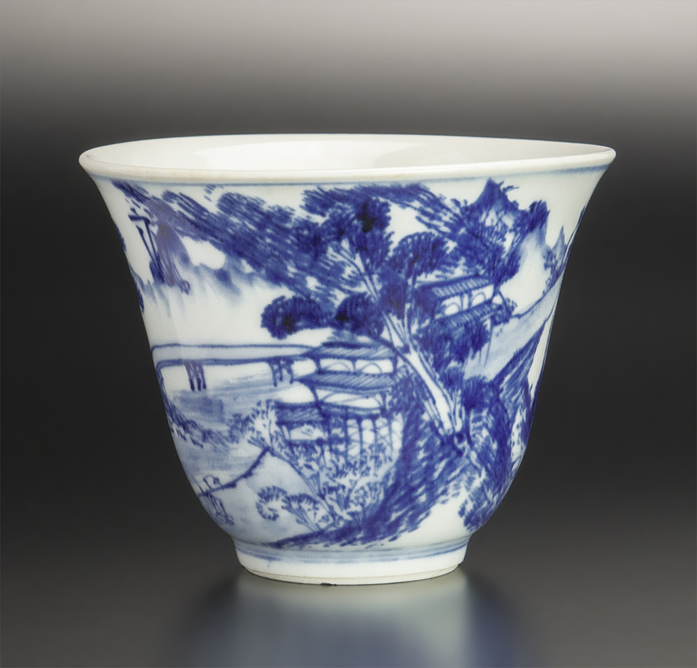 明治時代 本多左平 染付山水碗 京焼 古美術_画像1