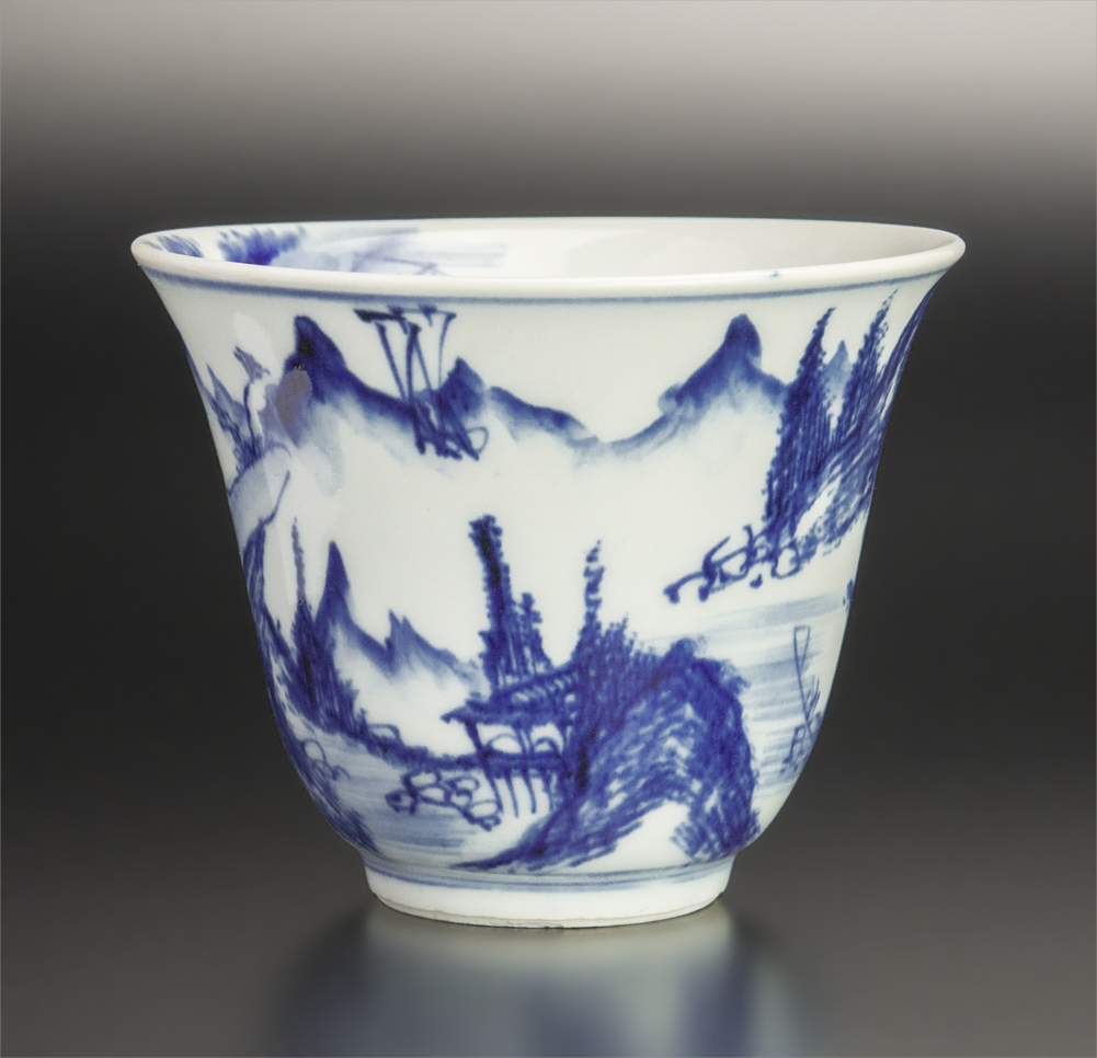 明治時代 本多左平 染付山水碗 京焼 古美術_画像3