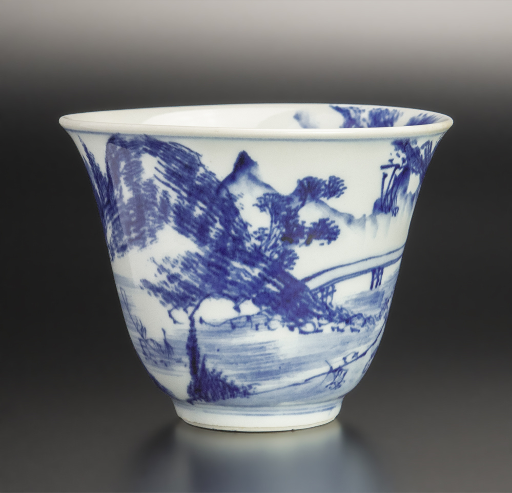 明治時代 本多左平 染付山水碗 京焼 古美術_画像2