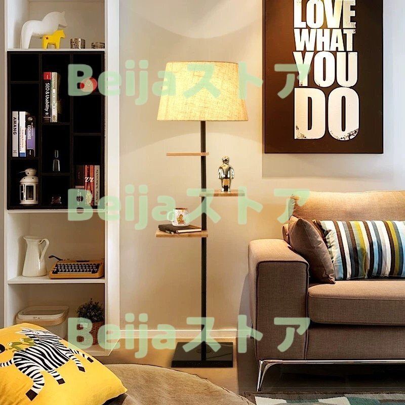 フロアライト スタンドライト 間接照明 3つの木製の棚が付いている現代鉄のフロアランプ居間の寝室のベッドサイドランプフロアライト