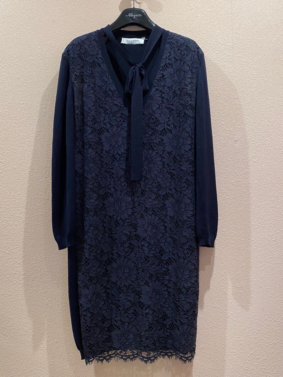 189973 VALENTINO ヴァレンティノ ニットレースワンピース ネイビー 紺 長袖 トップス