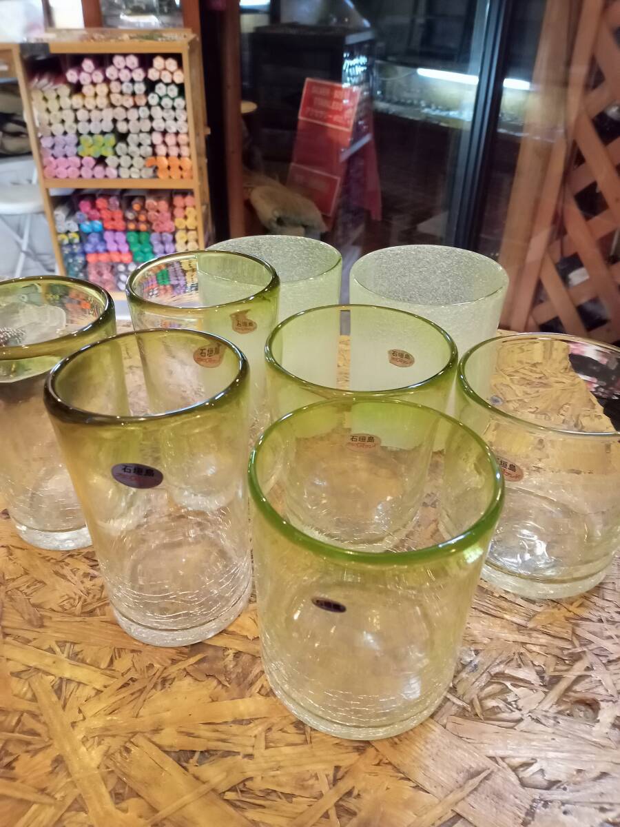 琉球ガラス,グラス,石垣島,緑グリーン,ガラスコップ,泡グラス,8個セット
