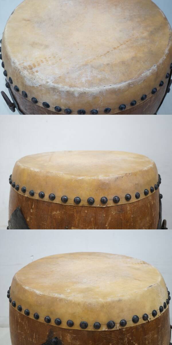 東ハ:【時(shí)代物】長(zhǎng)胴太鼓 和太鼓 幅約79×奧行約75.5㎝ 高さ約62㎝ 鋲打ち 角座 環(huán)付 カン付き 宮太鼓 和楽器 ★送料無(wú)料★