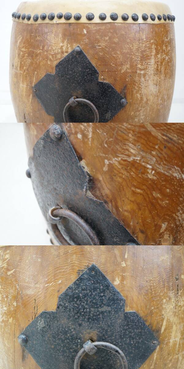 東ハ:【時(shí)代物】長(zhǎng)胴太鼓 和太鼓 幅約79×奧行約75.5㎝ 高さ約62㎝ 鋲打ち 角座 環(huán)付 カン付き 宮太鼓 和楽器 ★送料無(wú)料★