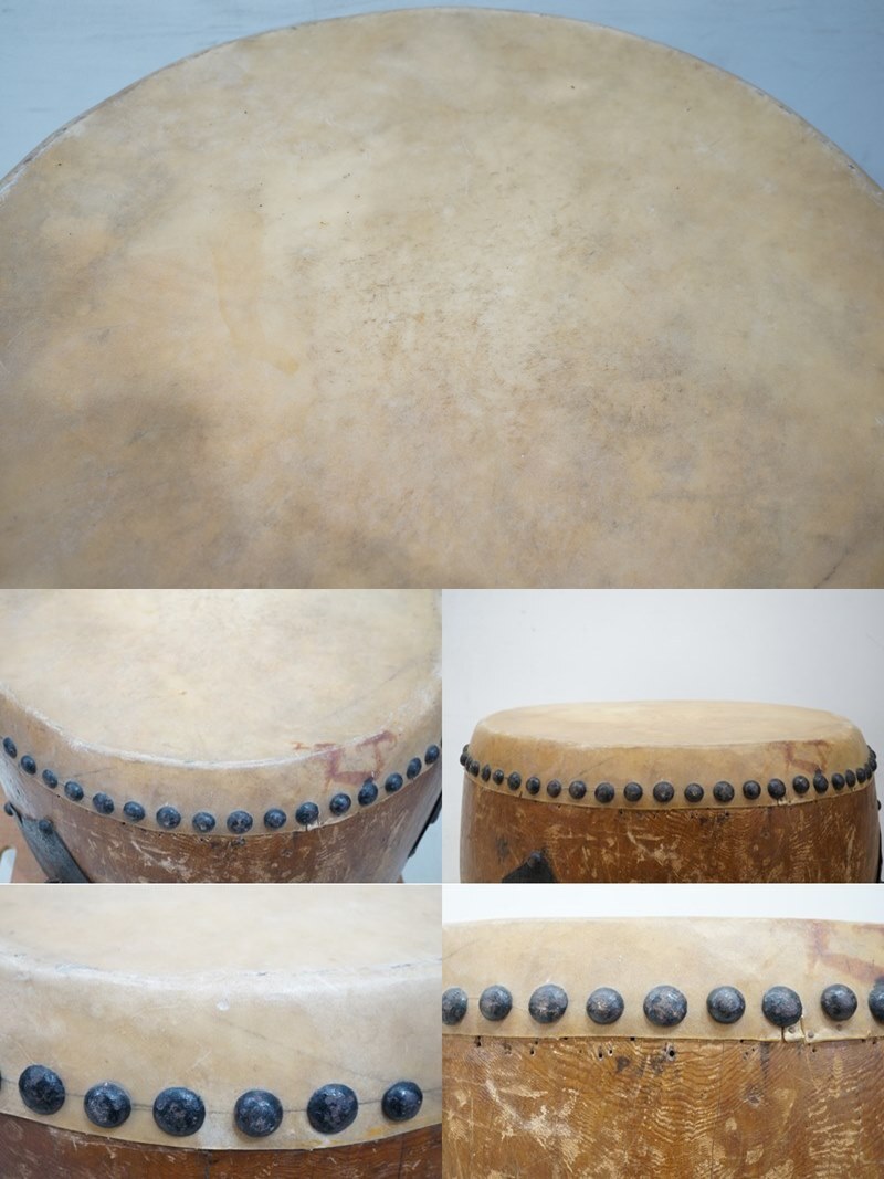 東ハ:【時(shí)代物】長(zhǎng)胴太鼓 和太鼓 幅約79×奧行約75.5㎝ 高さ約62㎝ 鋲打ち 角座 環(huán)付 カン付き 宮太鼓 和楽器 ★送料無(wú)料★