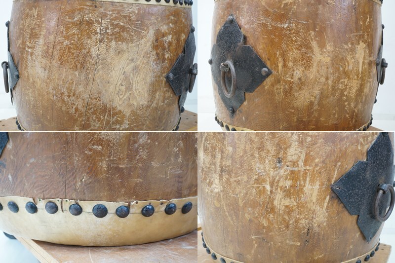 東ハ:【時(shí)代物】長(zhǎng)胴太鼓 和太鼓 幅約79×奧行約75.5㎝ 高さ約62㎝ 鋲打ち 角座 環(huán)付 カン付き 宮太鼓 和楽器 ★送料無(wú)料★