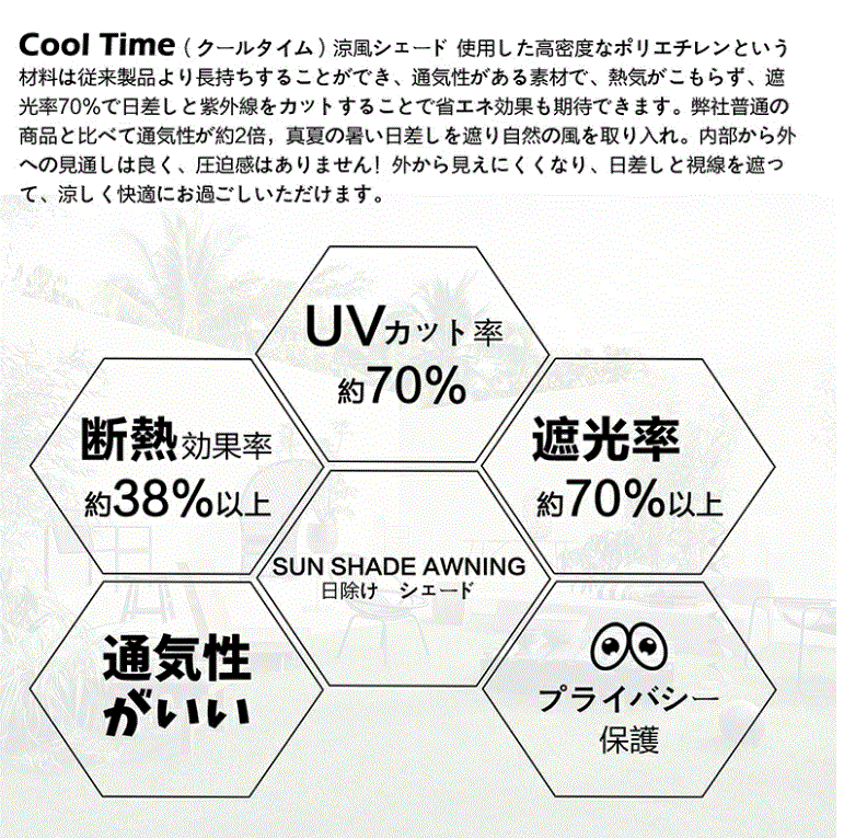 Cool Time(クールタイム) 涼風シェード 日除け シェード　オーニング （200×200cm）紫外線 UV対策 省エネ 節(jié)約 節(jié)電 洋風 (ベージュ）