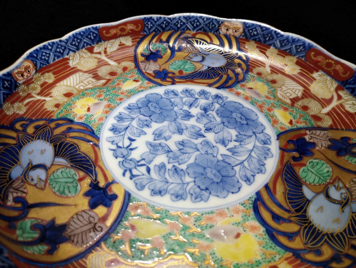 古伊万里 染付 金彩 色絵 花唐草文 富貴長春 花鳥図 輪花 25cm 古伊万里 染付 金彩 色絵 花唐草文 富貴長春 花鳥図 輪花 25cm
