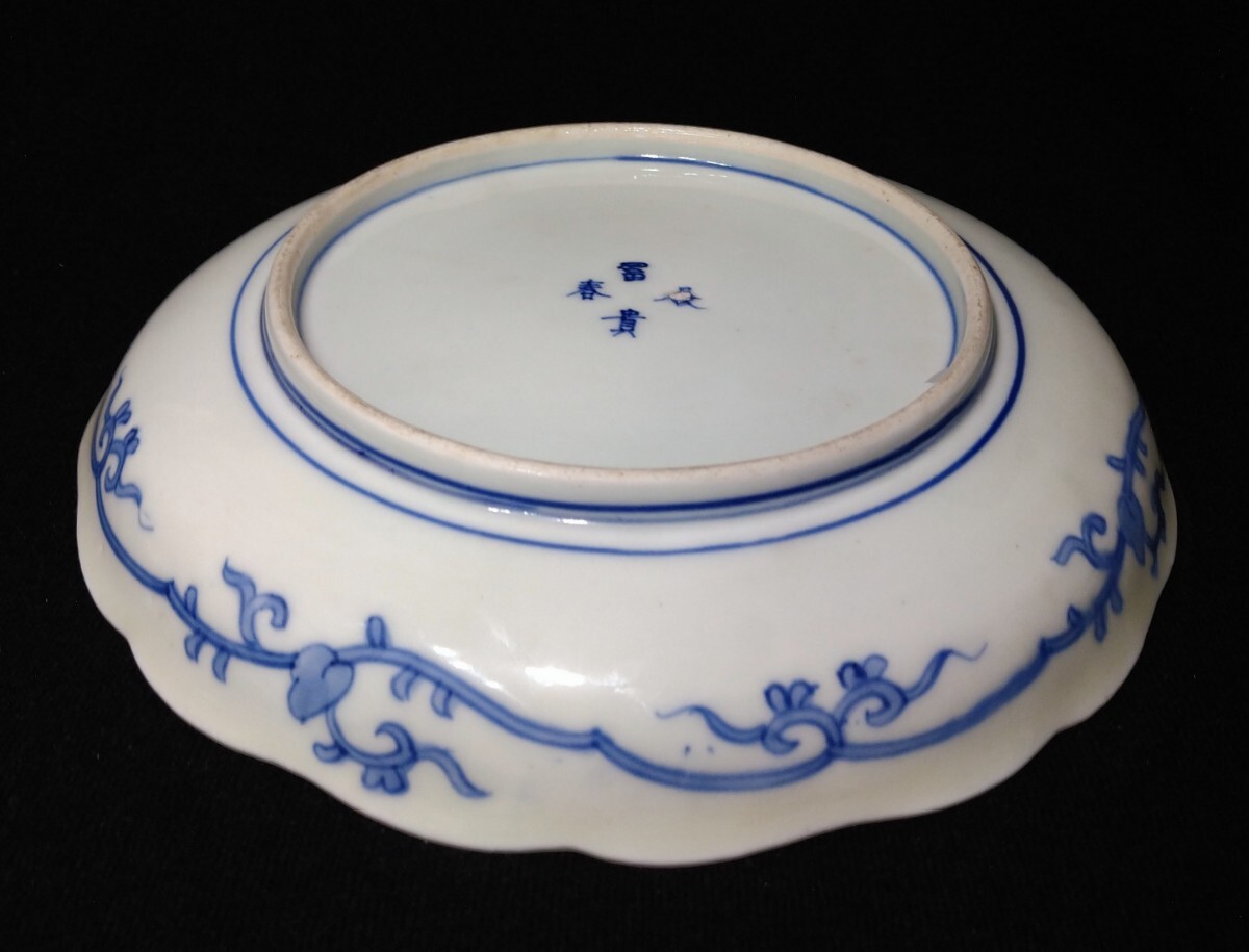 古伊万里 染付 金彩 色絵 花唐草文 富貴長春 花鳥図 輪花 25cm 古伊万里 染付 金彩 色絵 花唐草文 富貴長春 花鳥図 輪花 25cm