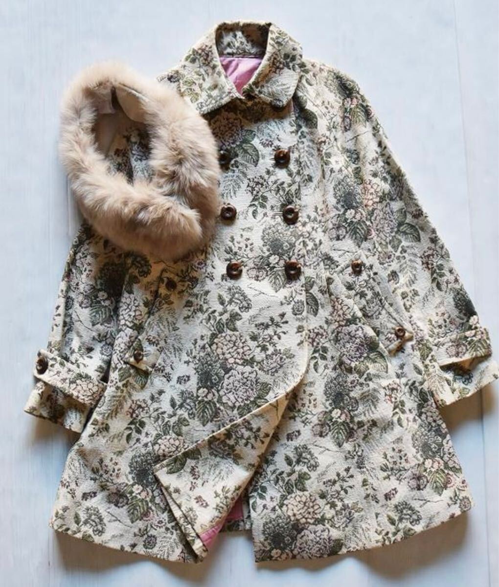 LoisCrayon ロイスクレヨン 総柄 コート フォックスファー付き M
