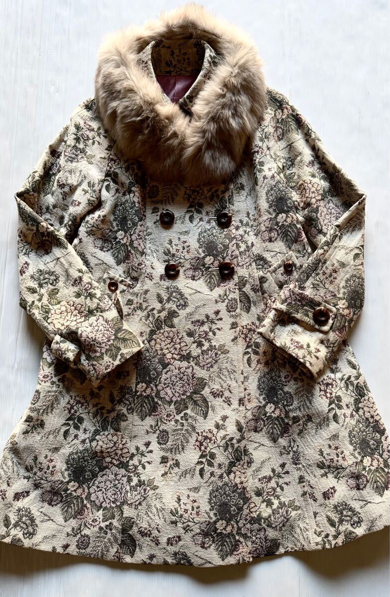 LoisCrayon ロイスクレヨン 総柄 コート フォックスファー付き M