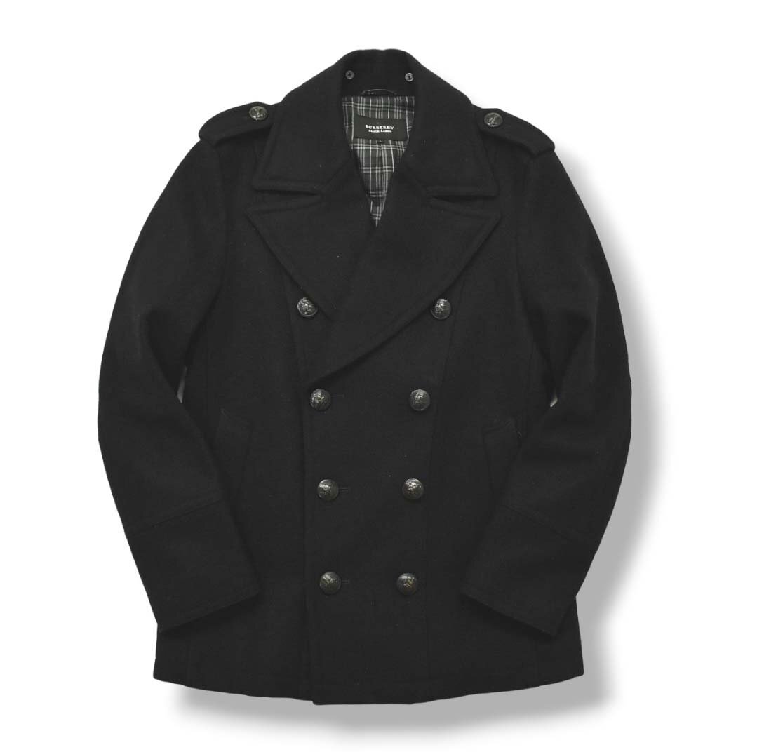 ★ バーバリー ブラックレーベル BURBERRY 裏チェック柄 ウール ピーコート L ネイビー メンズ ダブル アルスター Pコート エポーレット★